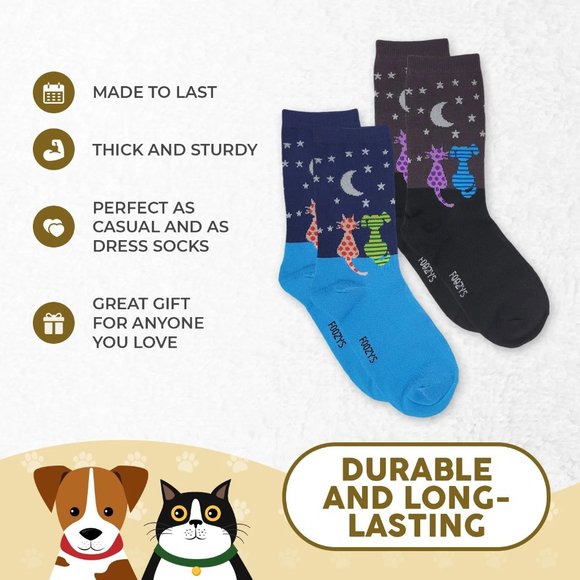 Cat Dog Stargazing Stars Kitten Puppy Animal Women's Foozys 2 Pairs Socks 9-11 - Picture 2 of 5